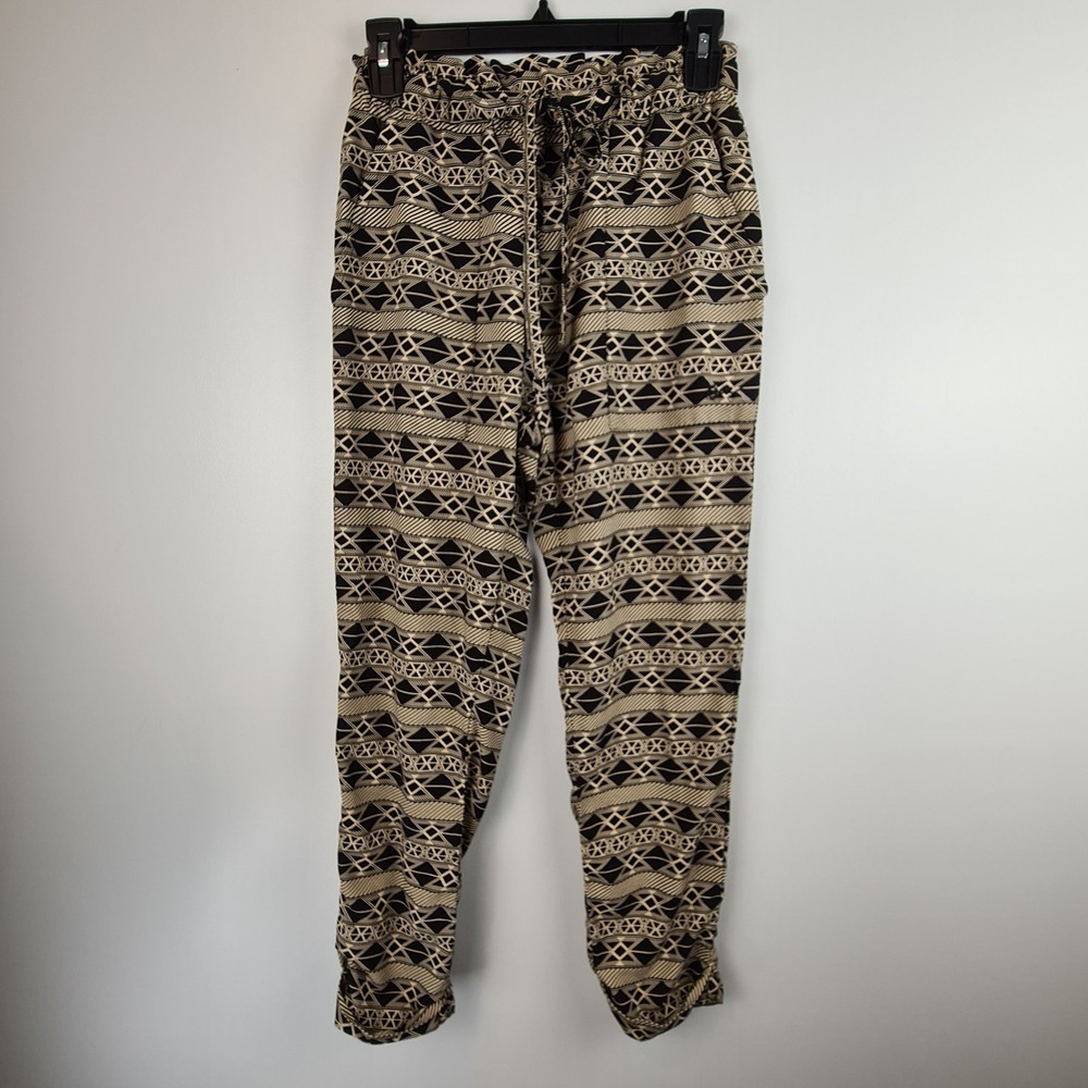 KAVU Tiba Pants Black Beige Geometric‎ Print XS Paperbag Tie Front Cuffed Hem